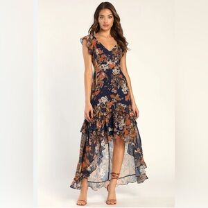 Lulu's Stunning Favorite Navy Blue Floral Ruffled High-Low Maxi Dress.NWT Size S
